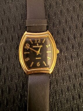 Peugeot Gold and Black Watch with Leather Strap - New Battery!